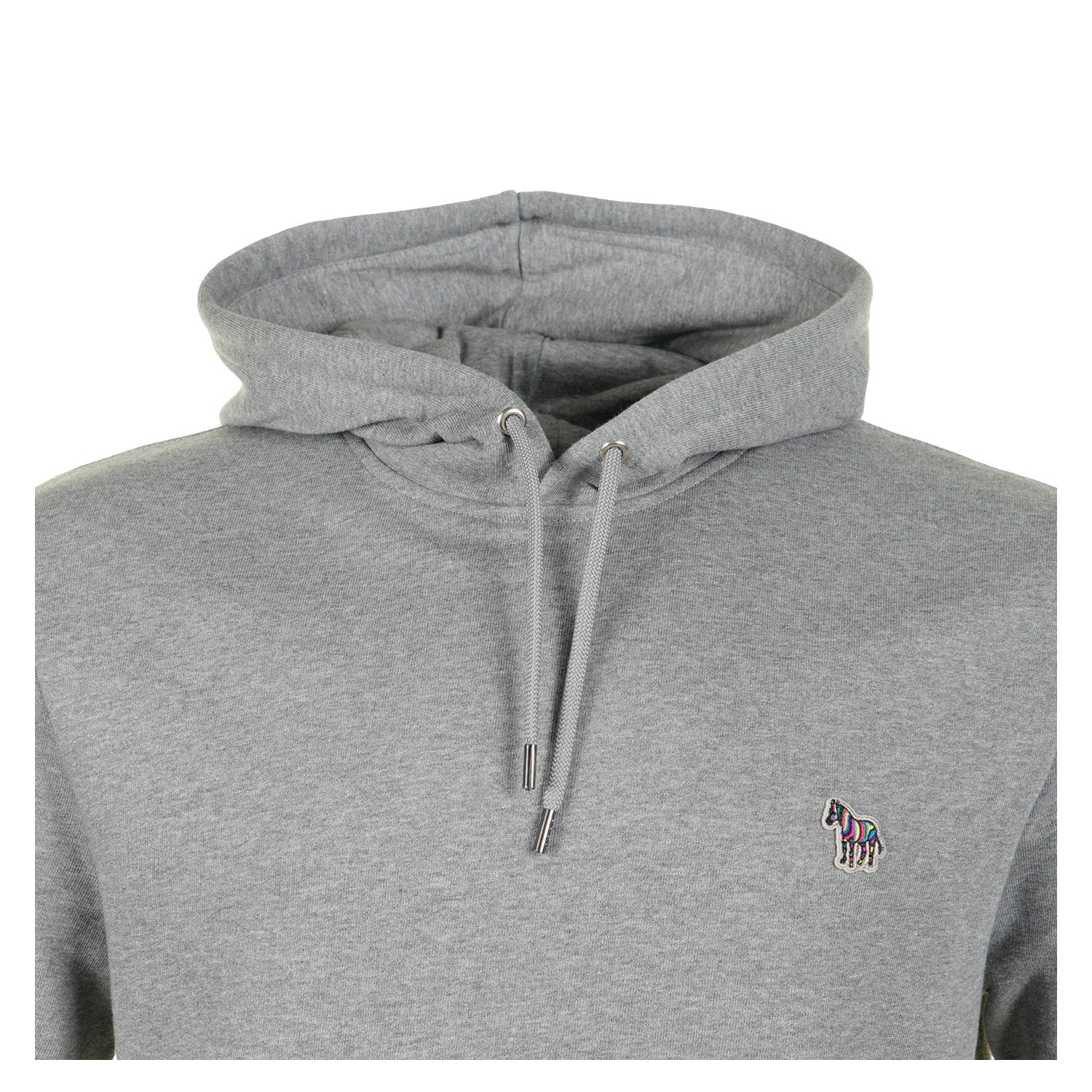 close up of neckline on grey paul smith zebra hoodie