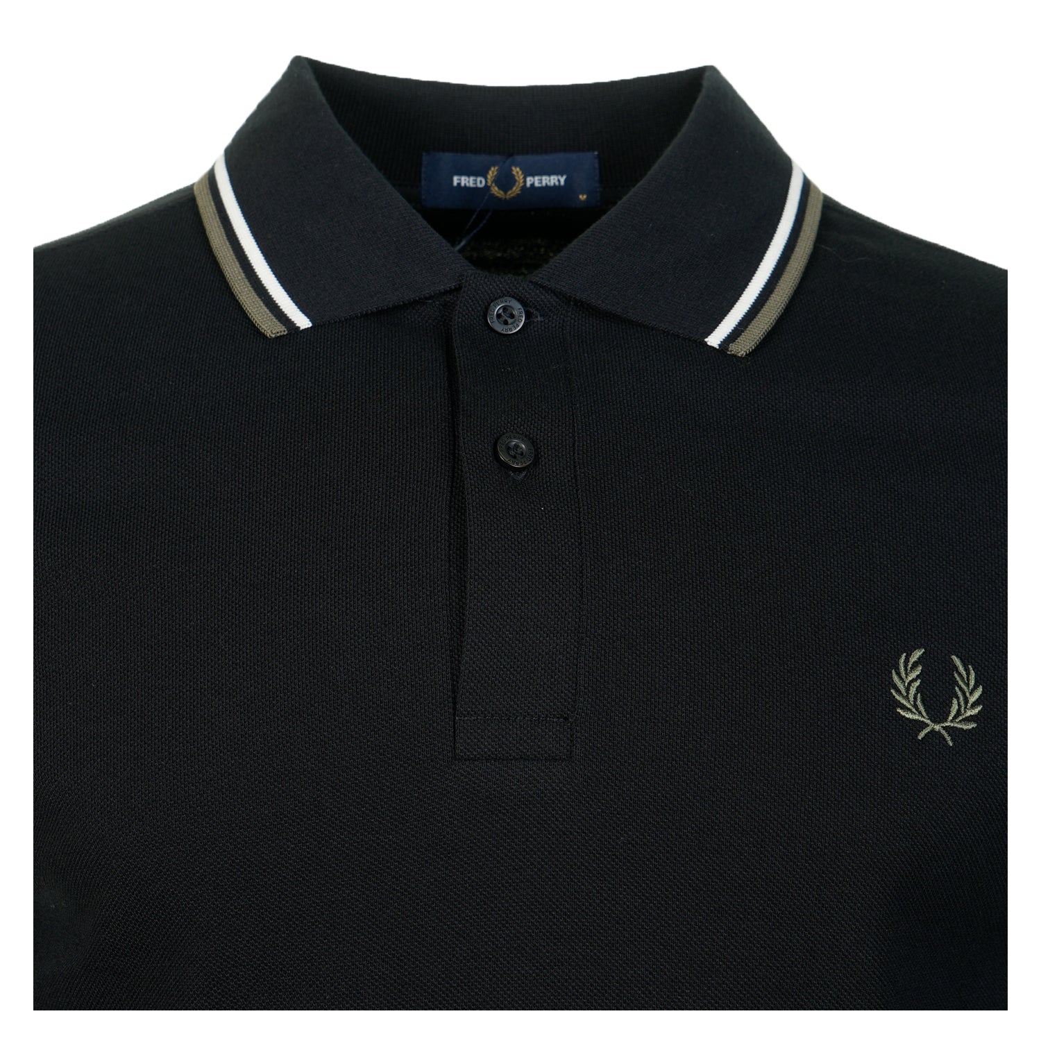 Long Sleeve Twin Tipped Polo Shirt Black Ecru Laurel Green