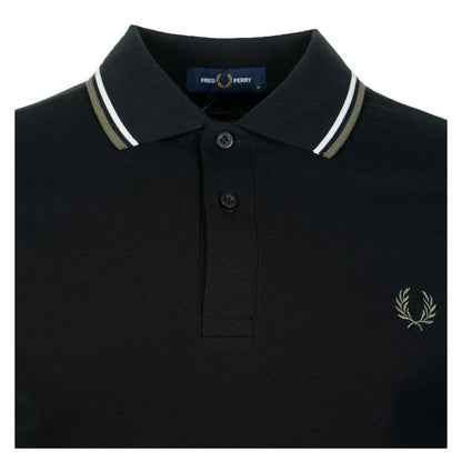Long Sleeve Twin Tipped Polo Shirt Black Ecru Laurel Green