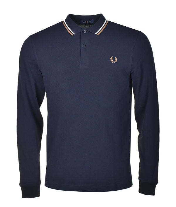 Long Sleeve Twin Tipped Polo Shirt Navy Snow White Shaded Stone