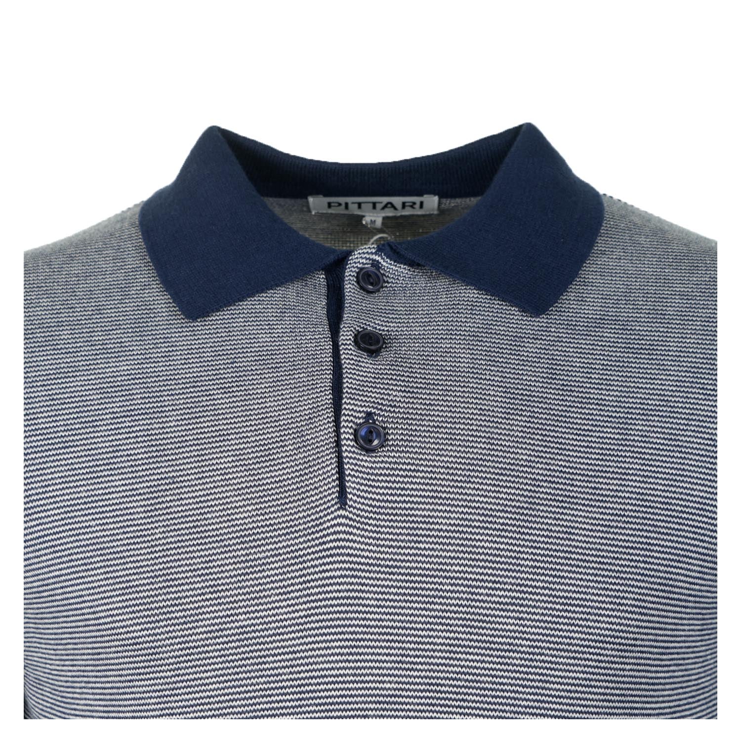 SS Knitted Polo Shirt Micro Stripe Navy Ecru