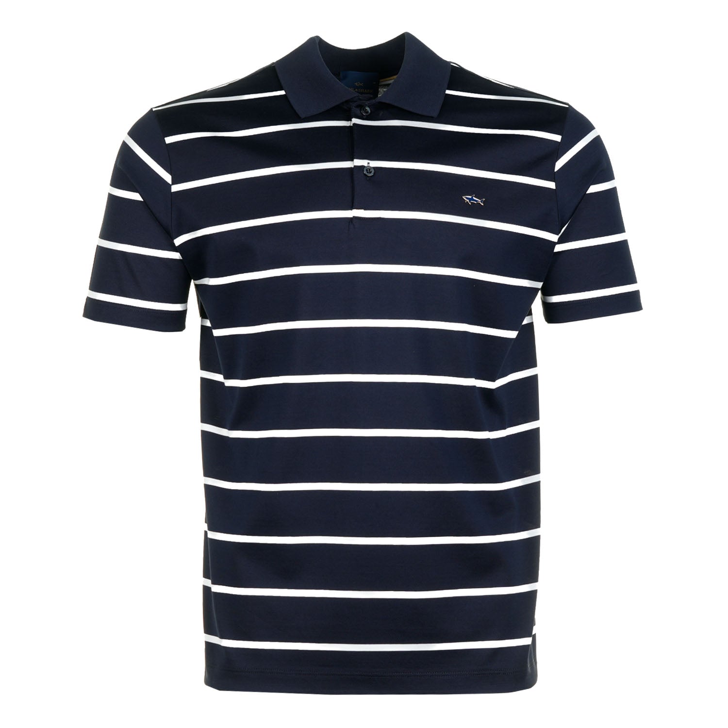 Short Sleeve Striped Metal Shark Logo Polo Shirt Navy