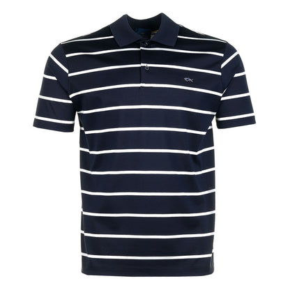 Short Sleeve Striped Metal Shark Logo Polo Shirt Navy
