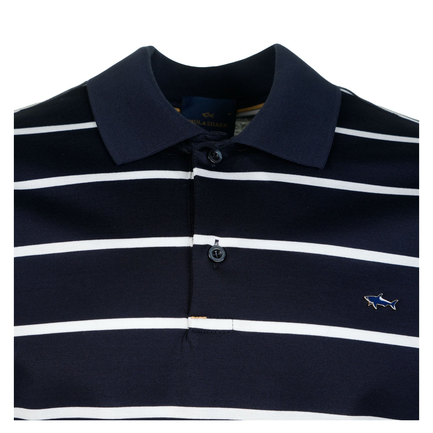 Short Sleeve Striped Metal Shark Logo Polo Shirt Navy