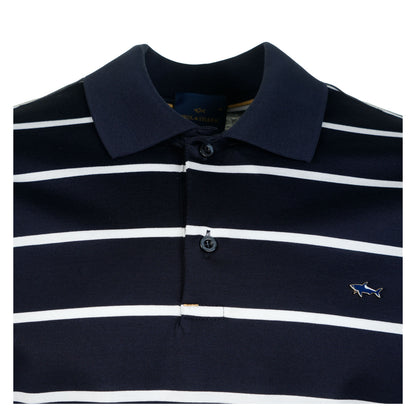 Short Sleeve Striped Metal Shark Logo Polo Shirt Navy