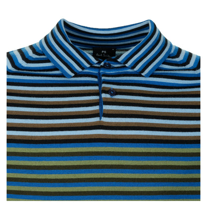 Knitted Long Sleeve Striped Polo Shirt Cobalt Blue