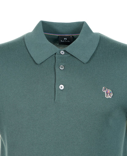 Knitted Short Sleeve  Zebra Badge Polo Shirt 37B Petrol Green