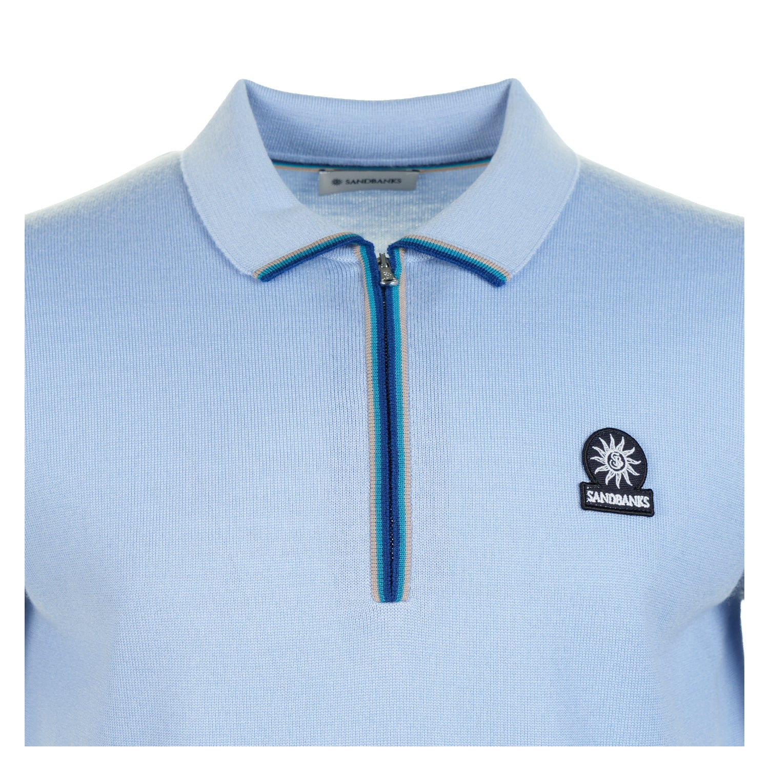 SS Colour Stripe Knitted Zip Polo Shirt Dusty Blue