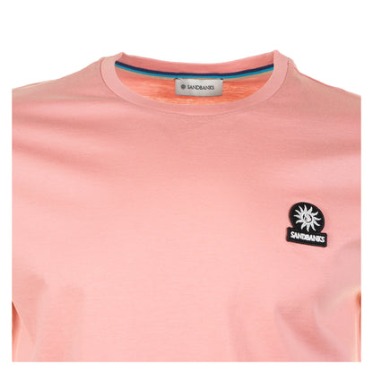 close up of neckline and badge of sandbanks t-shirt