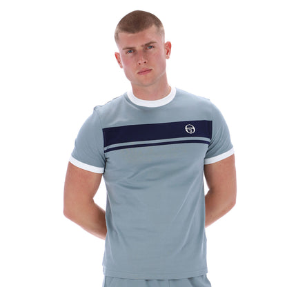 Model wearing Sergio Tacchini Short Sleeve Master Tee Lead / Maritime Blue