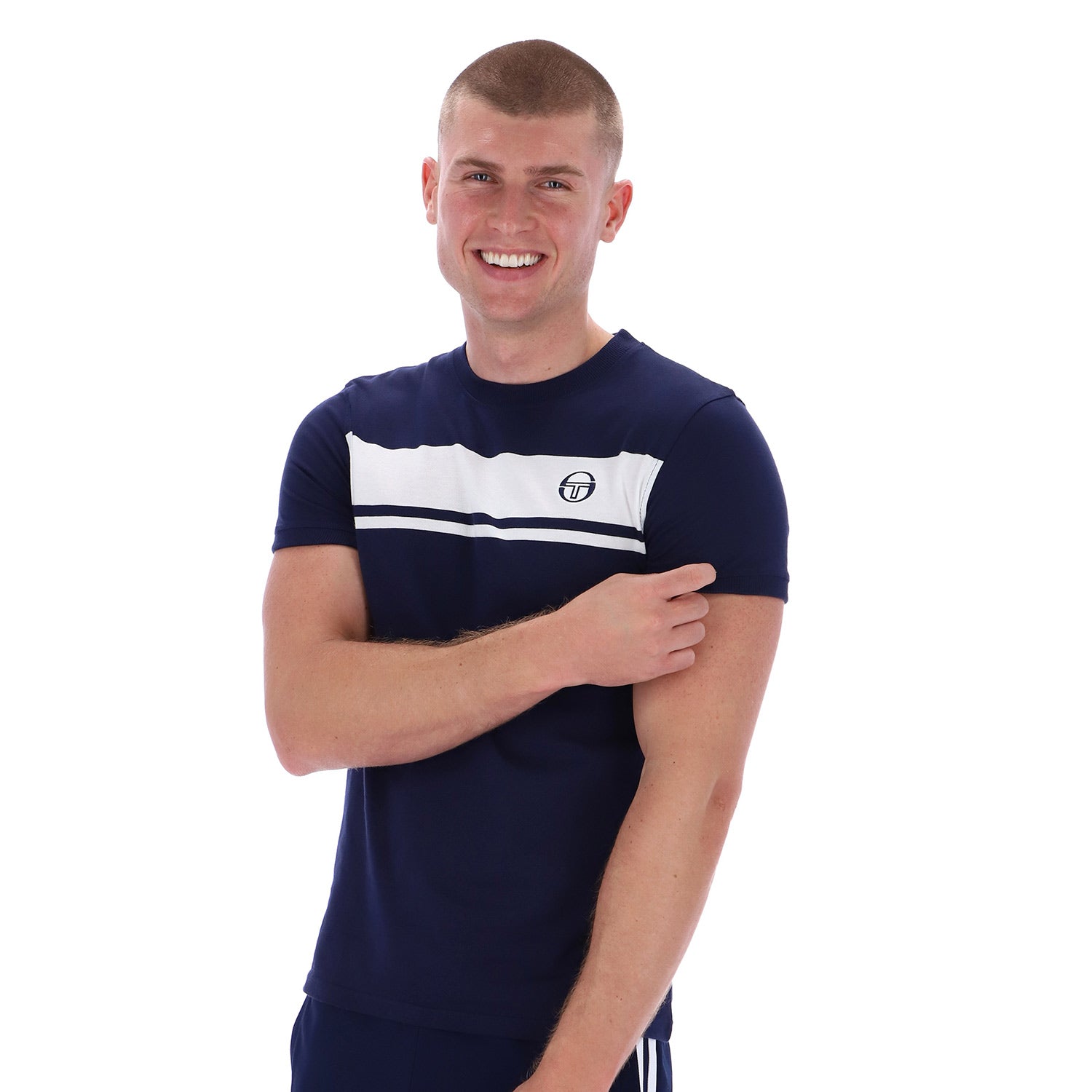 Model wearing Sergio Tacchini Short Sleeve Master Tee Navy White