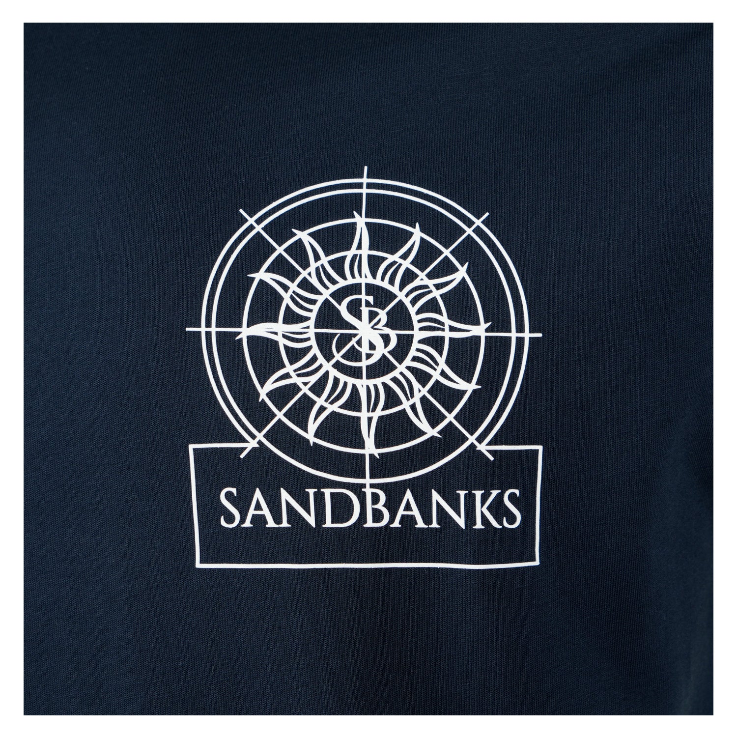 close up sandbanks logo on t-shirt