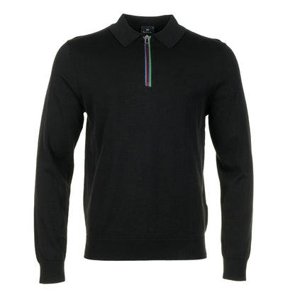 Sport Stripe Knitted Long Sleeve Polo Shirt Black