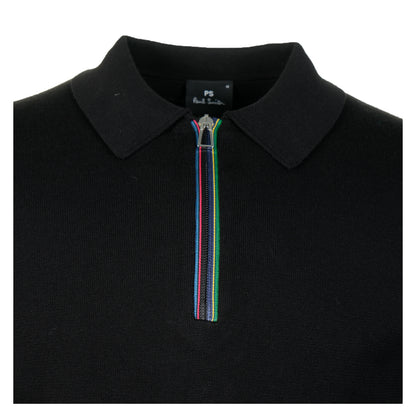 Sport Stripe Knitted Long Sleeve Polo Shirt Black