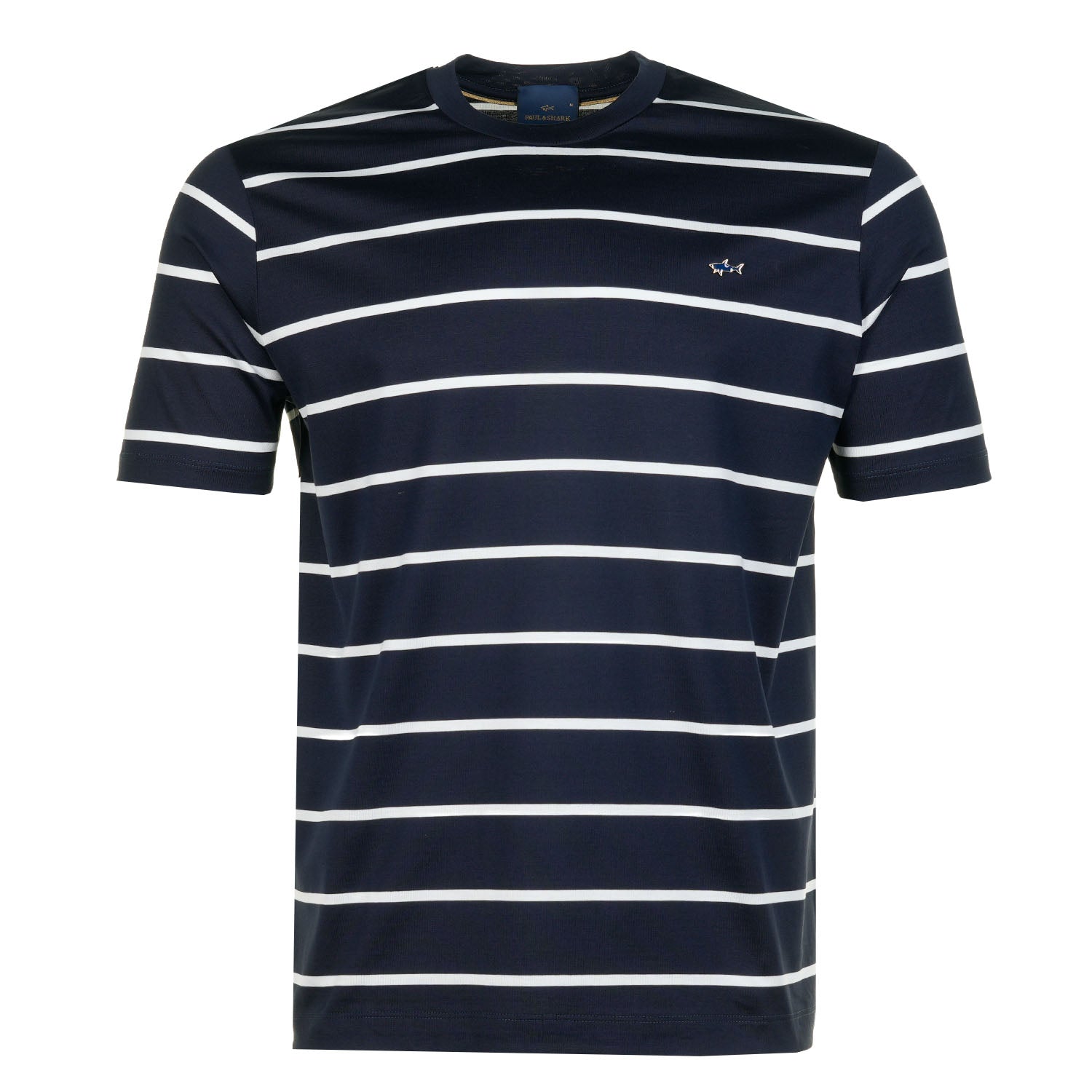 Short Sleeve Striped Metal Shark Logo T Shirt Navy