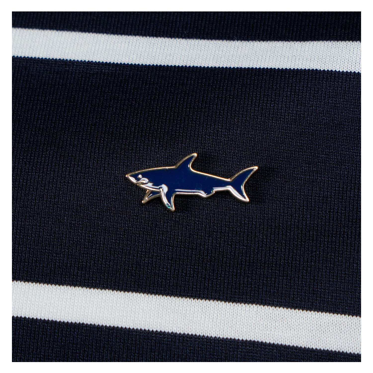 Short Sleeve Striped Metal Shark Logo T Shirt Navy