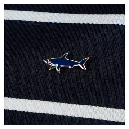 Short Sleeve Striped Metal Shark Logo T Shirt Navy