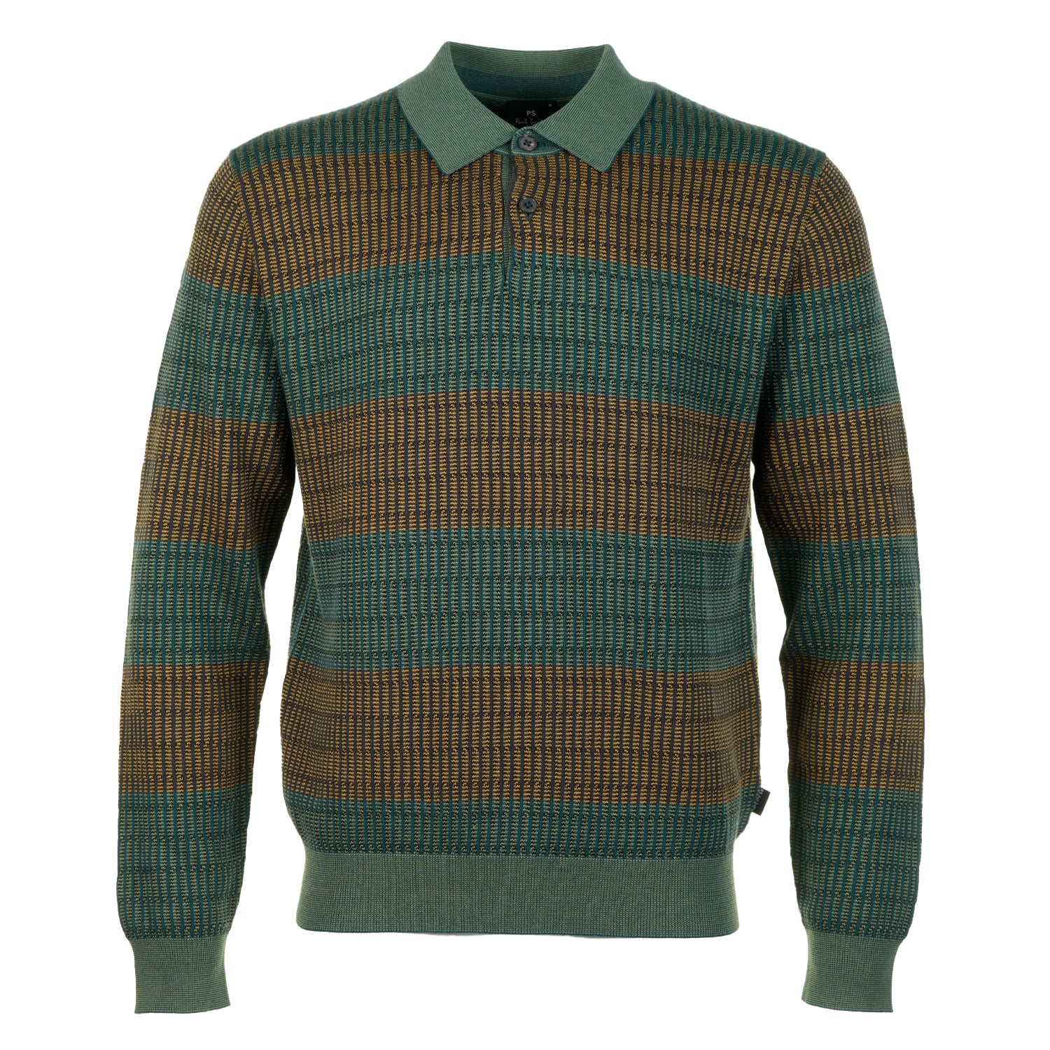 Knitted Textured Long Sleeve Striped Polo Shirt Petrol Green