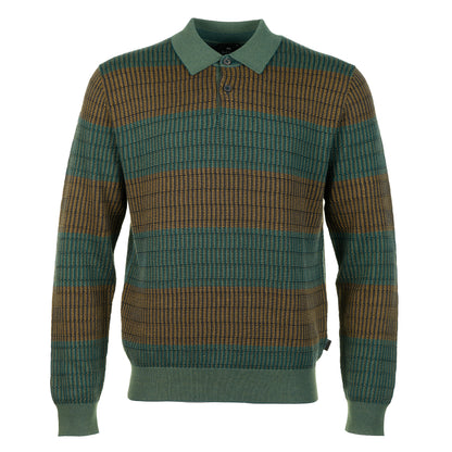 Knitted Textured Long Sleeve Striped Polo Shirt Petrol Green