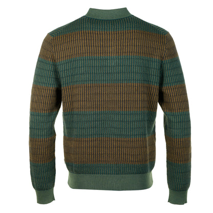 Knitted Textured Long Sleeve Striped Polo Shirt Petrol Green