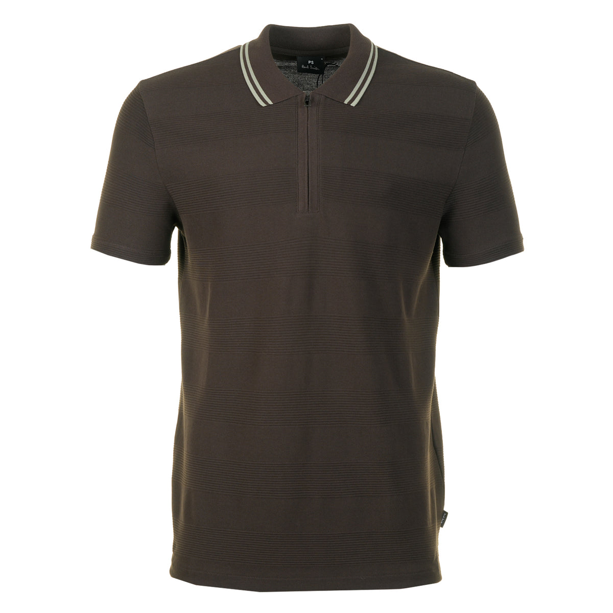 Short Sleeve Zip Textured Tipped Polo Shirt Brown