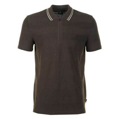 Short Sleeve Zip Textured Tipped Polo Shirt Brown