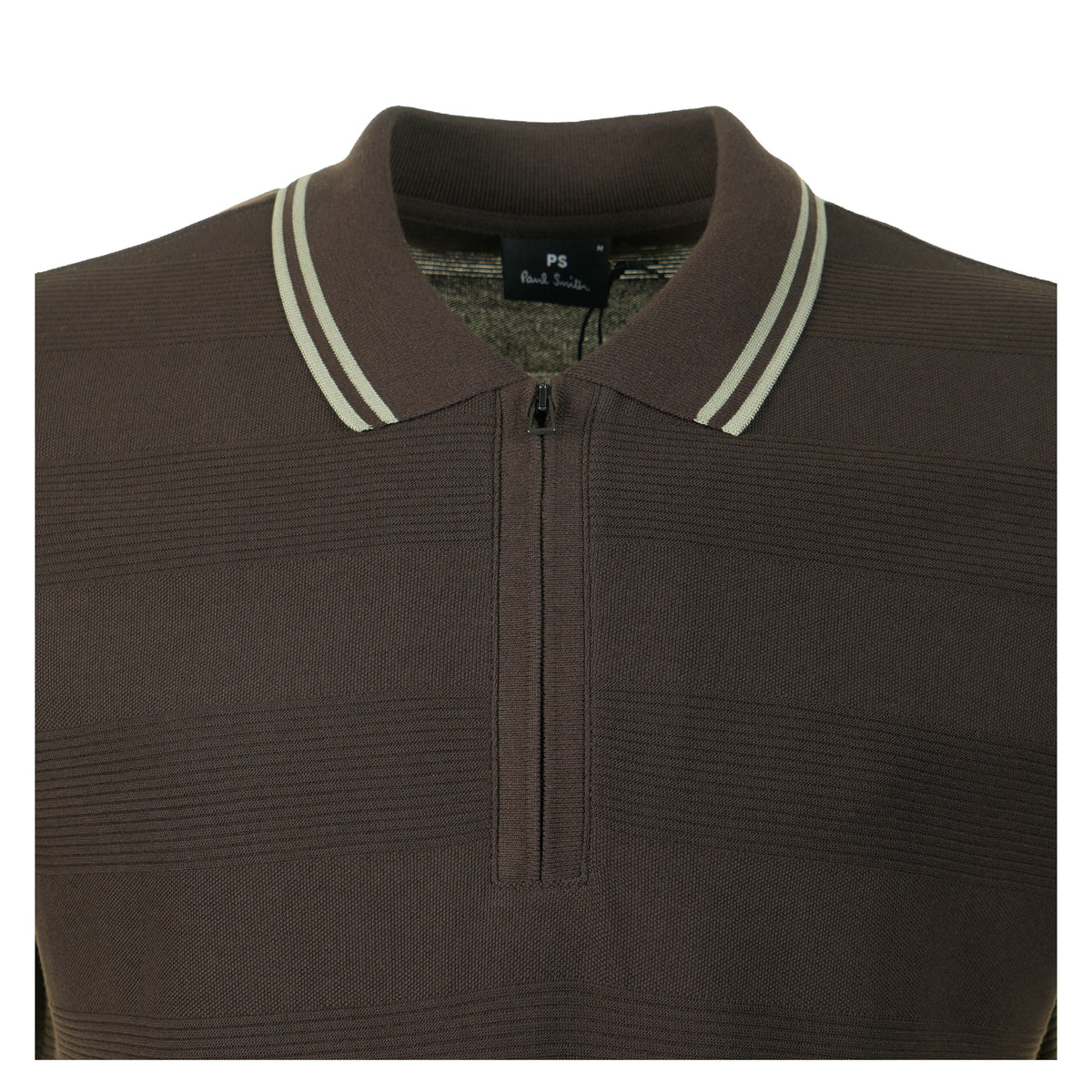 Short Sleeve Zip Textured Tipped Polo Shirt Brown