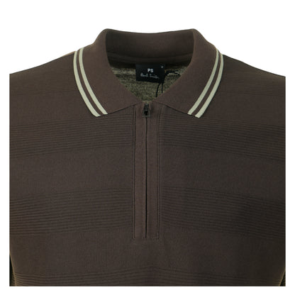 Short Sleeve Zip Textured Tipped Polo Shirt Brown
