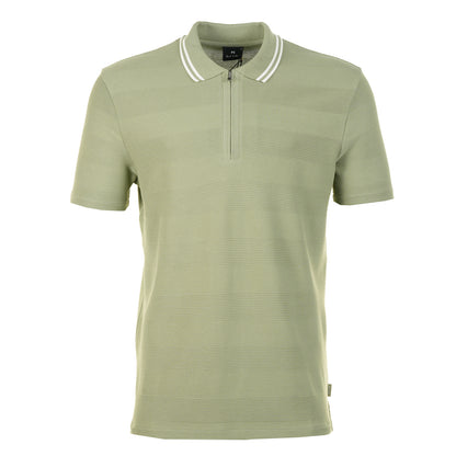 Short Sleeve Zip Textured Tipped Polo Shirt Greyish Green