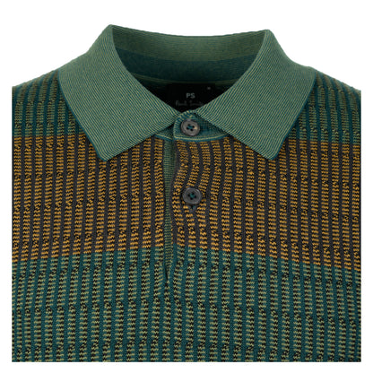 Knitted Textured Long Sleeve Striped Polo Shirt Petrol Green