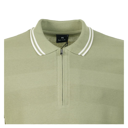 Short Sleeve Zip Textured Tipped Polo Shirt Greyish Green