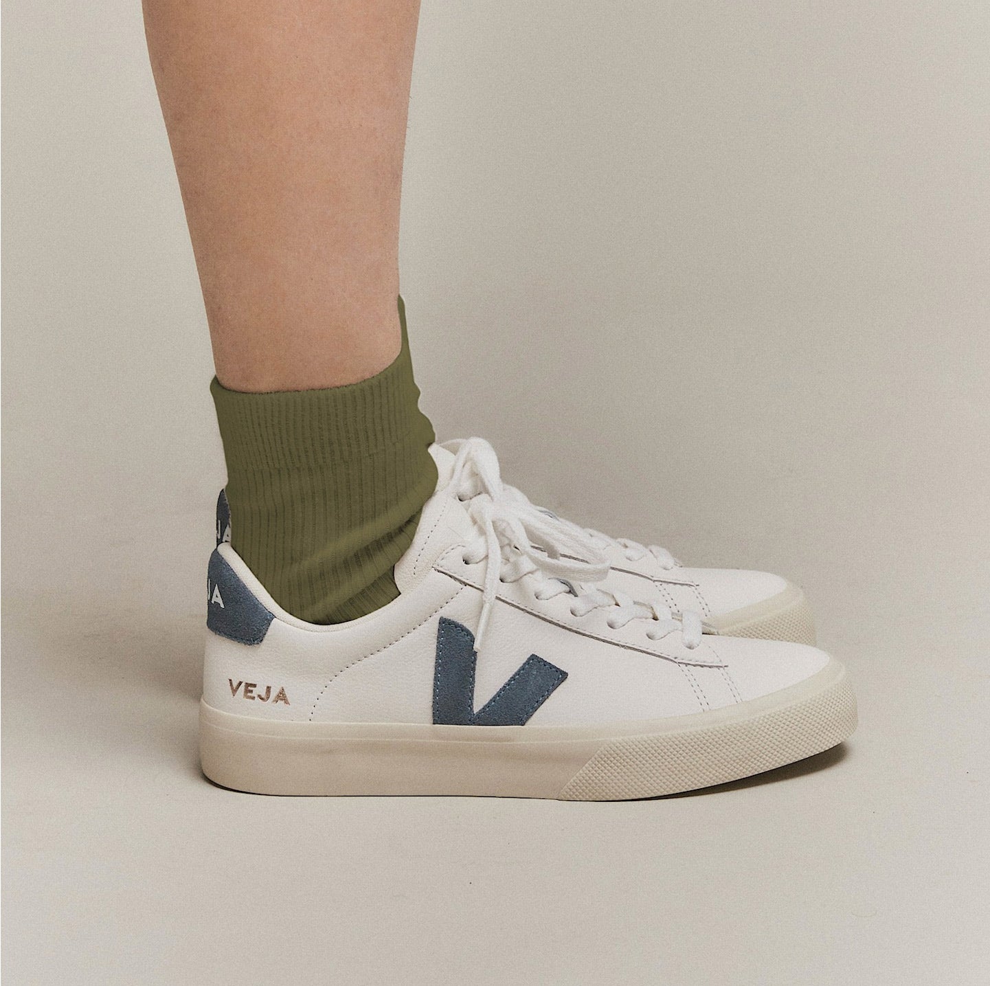 On-foot image of Veja Campo White California with green socks