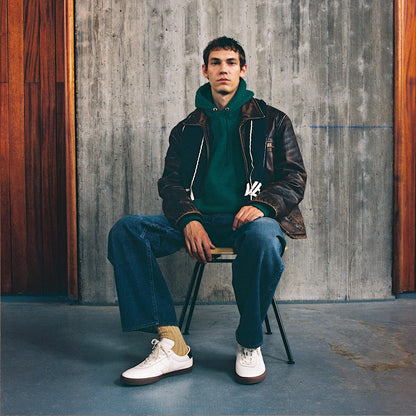 Model styled wearing Panenka OT Leather Trainers White Black Bark