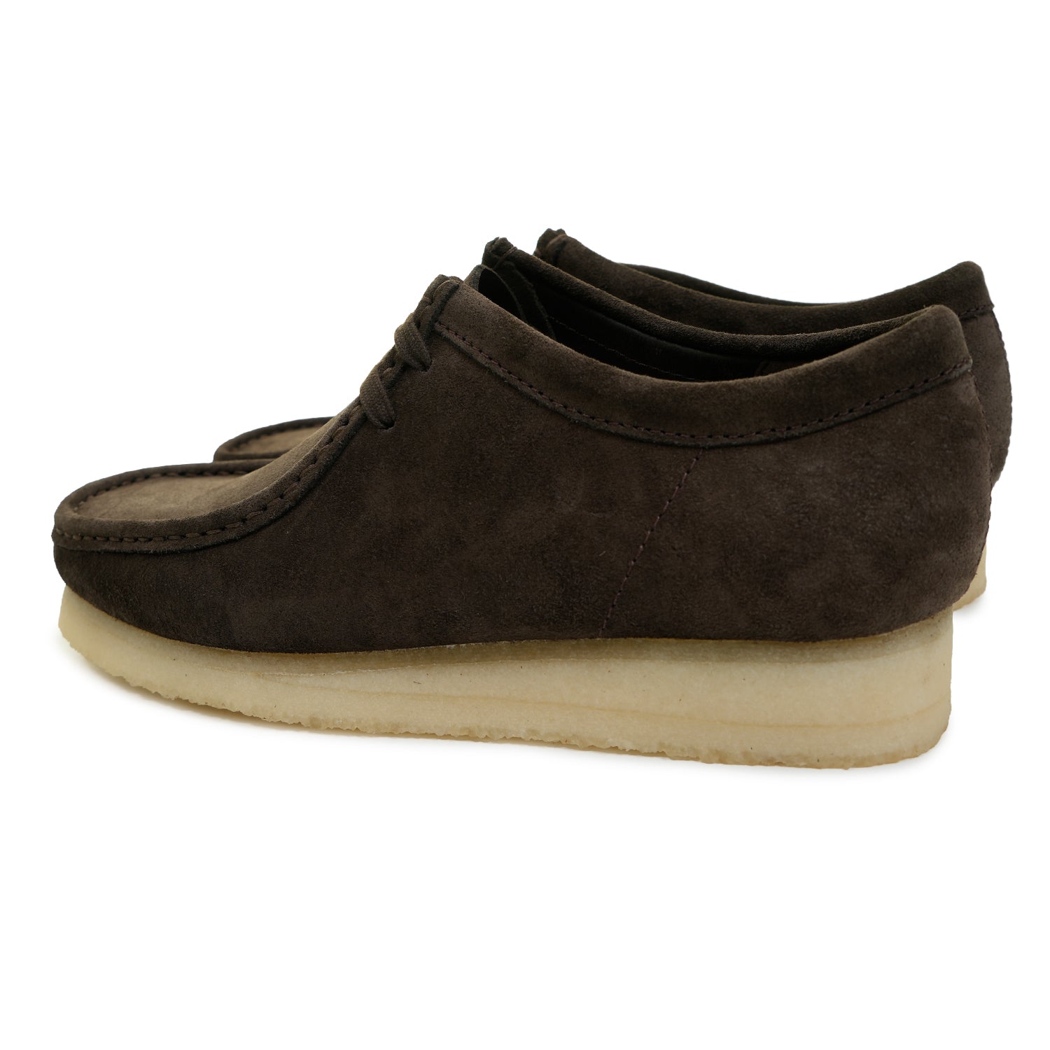 Side view of Clarksr Originals Wallabee Shoe Dark Brown Suede