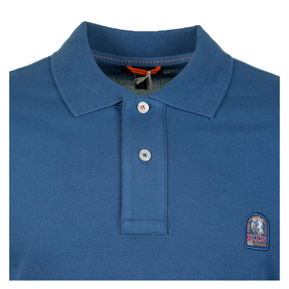 Close up of Wellington Short Sleeve Polo Shirt True Blue collar and buttons