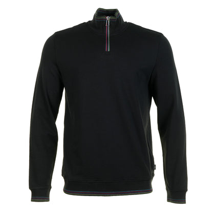 Regular Fit Half Zip Sport Stripe Long Sleeve T Shirt Black